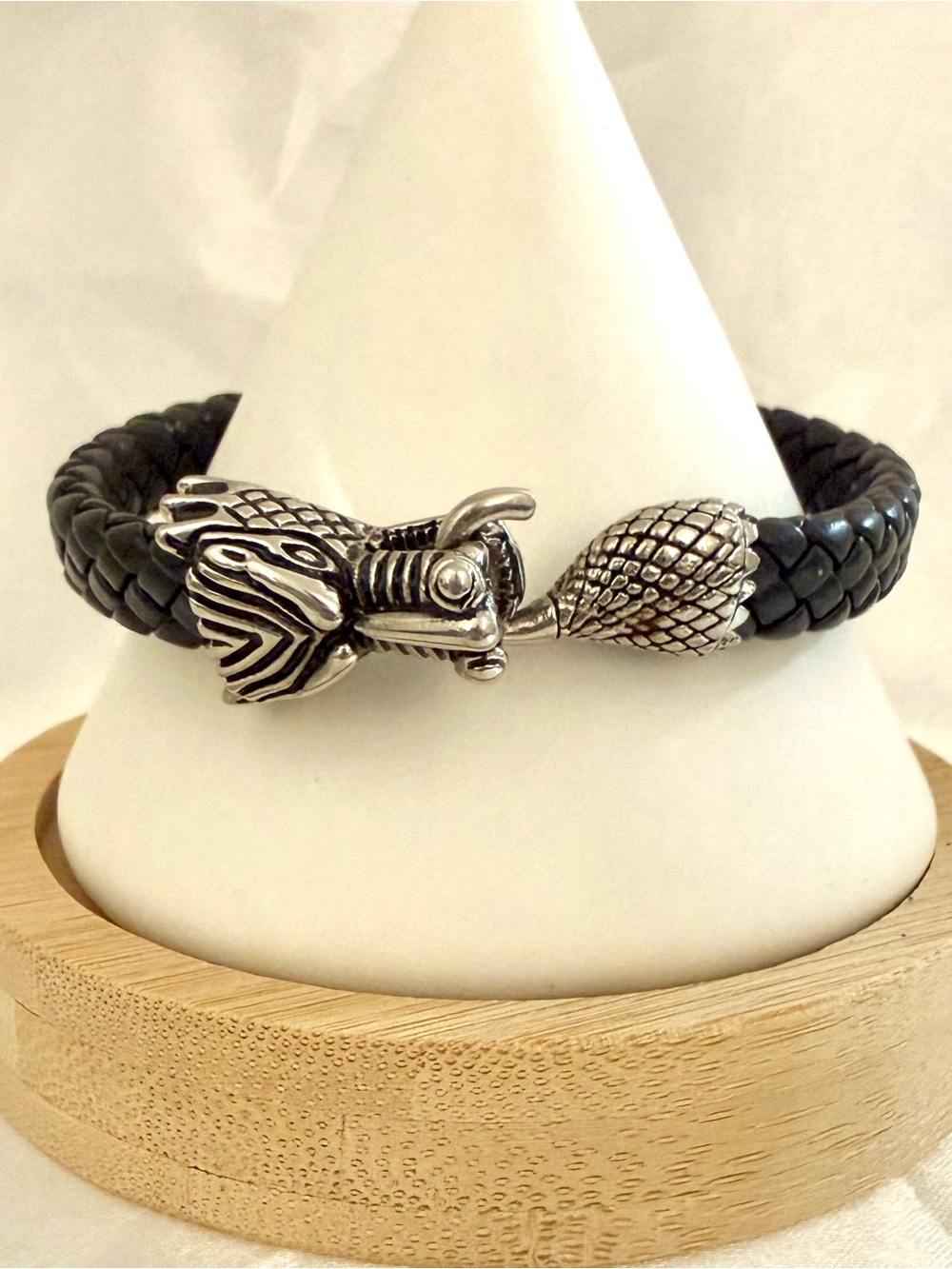 Signed SIGAL Black Braided Leather Dragon Clasp Bracelet Silver Tone Gothic